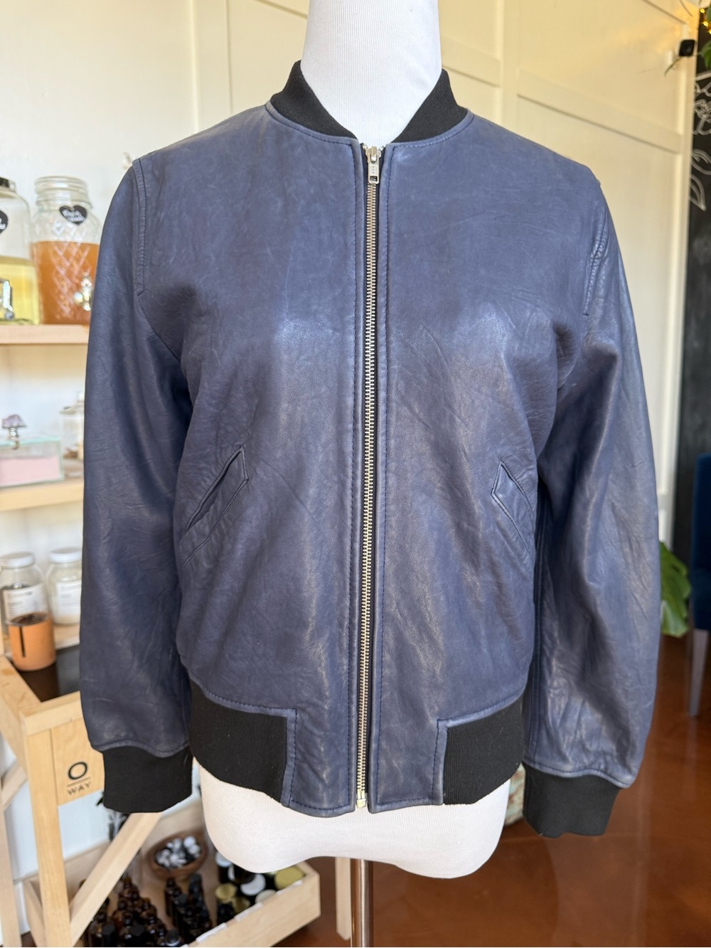 Isabel Marant Etoile Navy Blue Lambskin Leather Bomber Jacket- Womend size 8-10